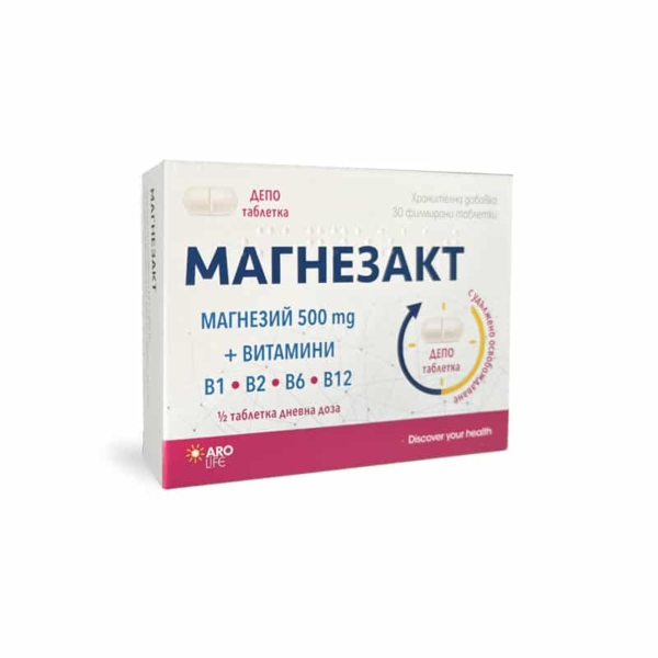 Магнезакт Магнезий 500 мг с витамини B1 B2 B6 и B12 кутия